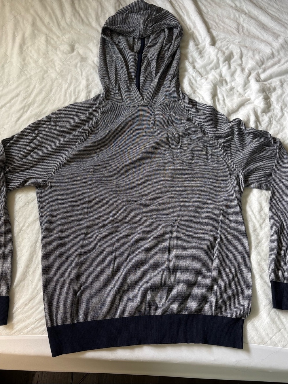 Banana Republic Men's Heather Gray with Navy Trim Hooded Sweater Medium